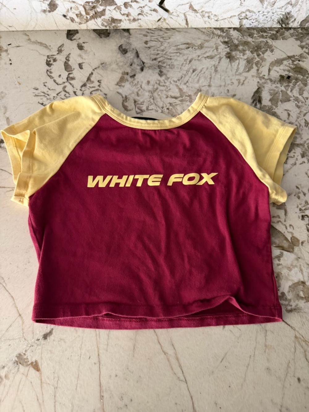 White Fox Maroon Tee with Yellow Raglan Sleeves